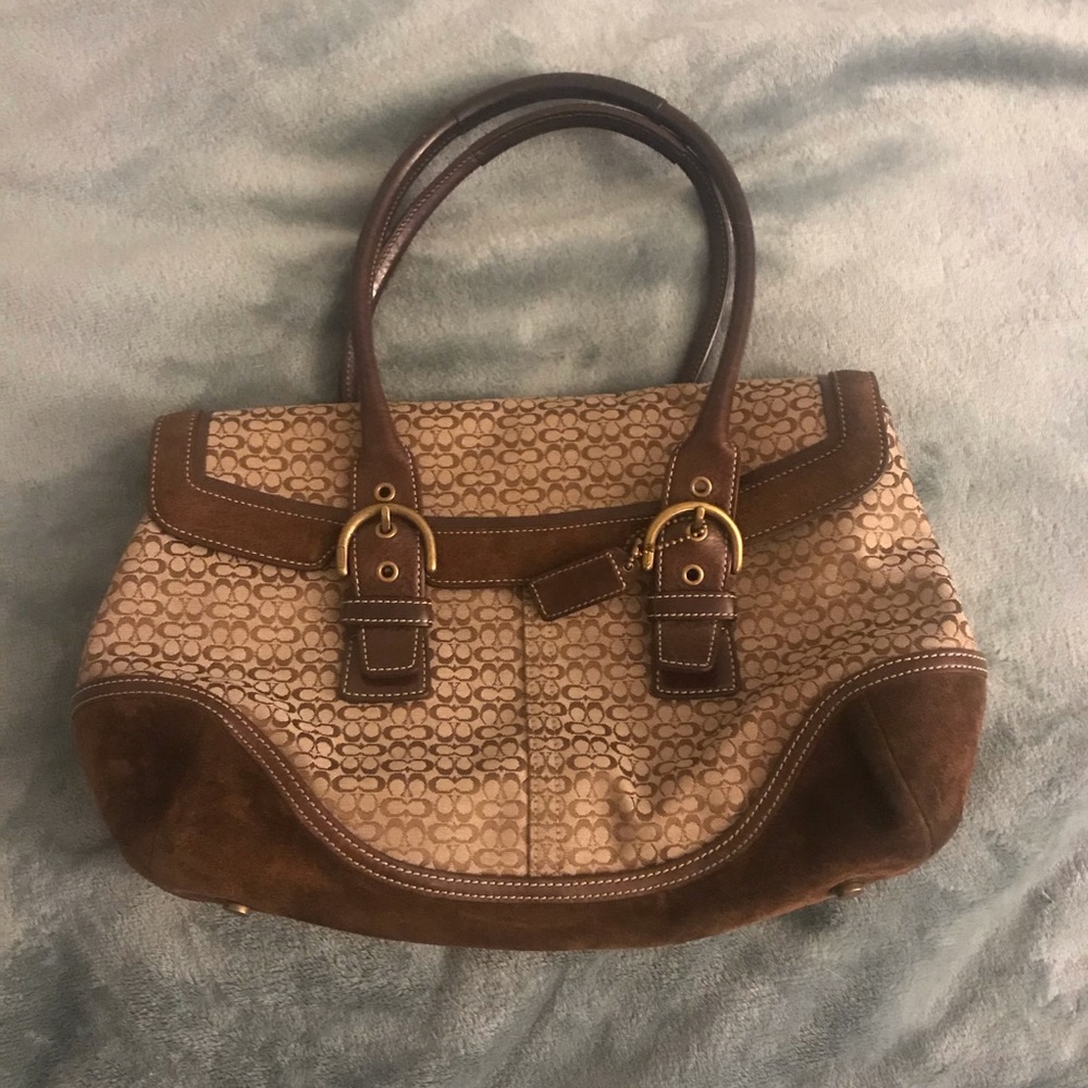 Coach Signature Brown Suede Satchel